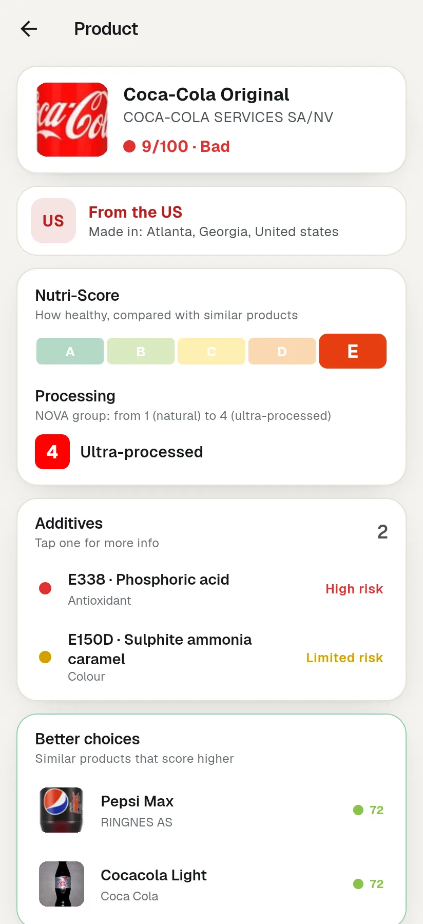 Scan result for a cola: score 9 out of 100, Nutri-Score E, ultra-processed, from the US